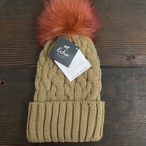 Echo New York Cable Knit Fur Pom Hat NWT OS